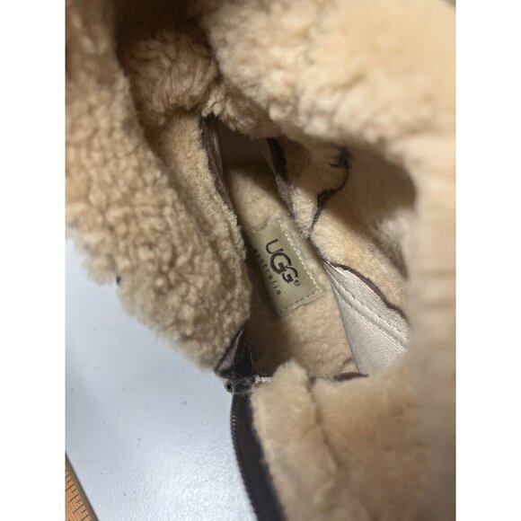 Ugg Womens 9 Tall Boots Wedge Brown Leather Shearling Fold Over 5451 Sandra - Picture 12 of 15